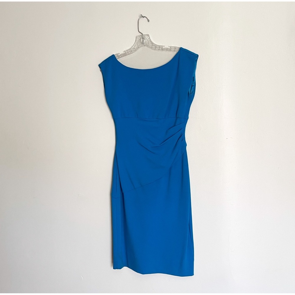 Diane von Furstenberg DVF Blue Ruched Sheath Dress 8 Bateau Neck Cocktail